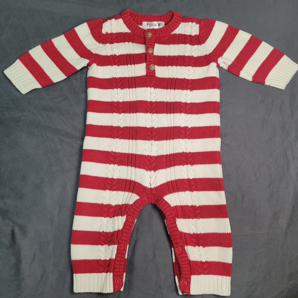 Cherokee Baby Knit Sweater Romper Red White Stripe Henley Long Sleeve One Piece